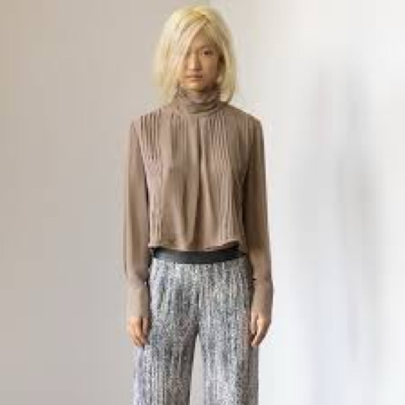 Tan Pleated Turtleneck Blouse